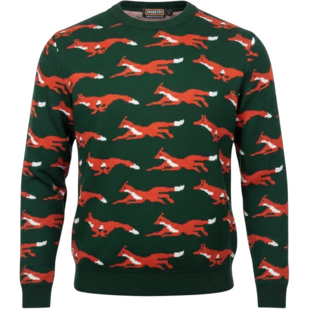 Run & Fly Mens Green Leaping Fox Knit Sweater Made in England Size M